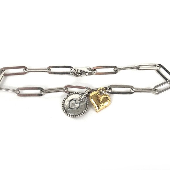 PZ Paperclip Link Bracelet w Heart Charms Sterling Silver 925 7 7/8"  Made in I - Picture 1 of 4